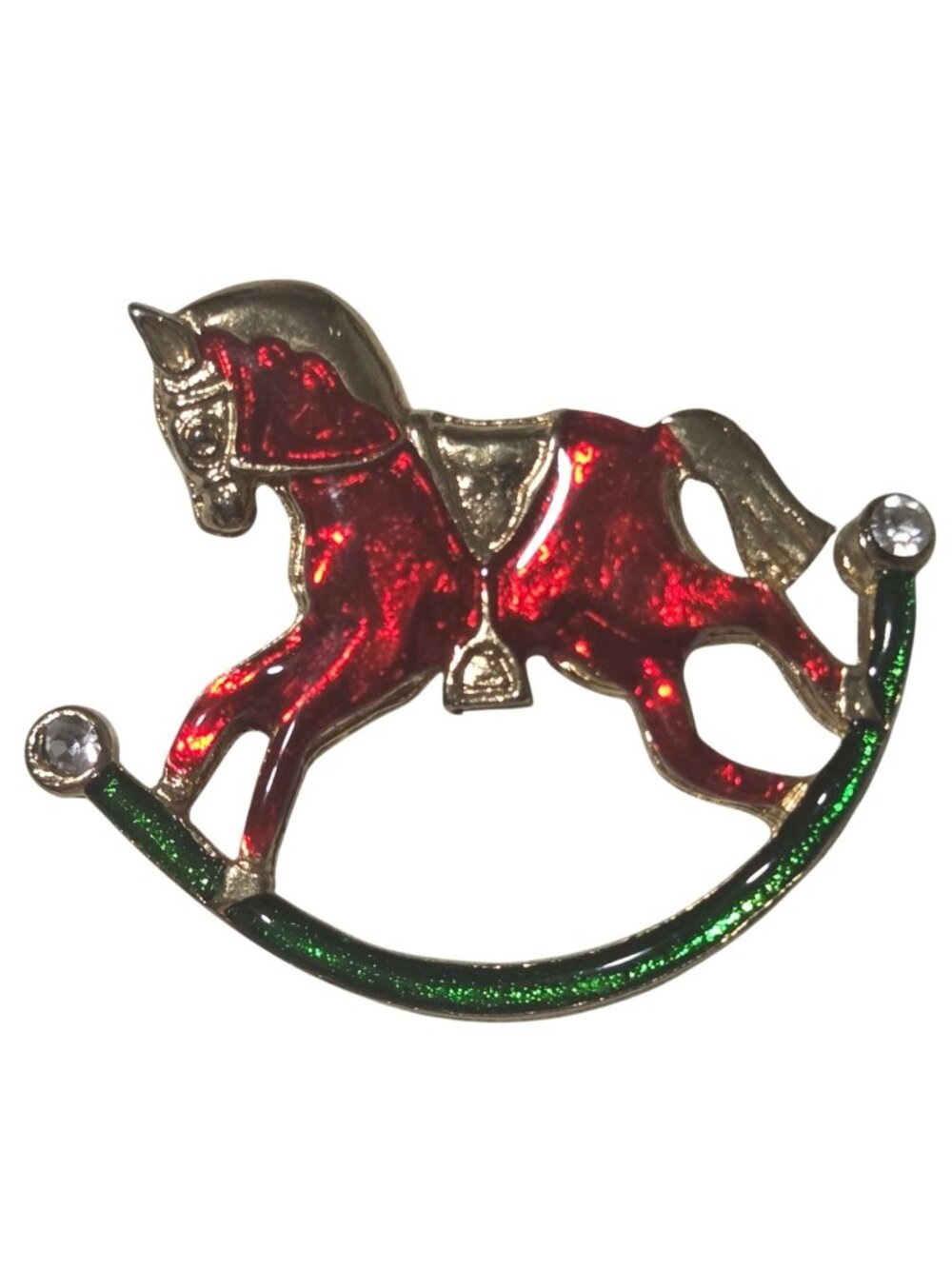 Vintage Rocking Horse Pin Brooch Red Green Rhinestones Holiday Christmas Jewelry